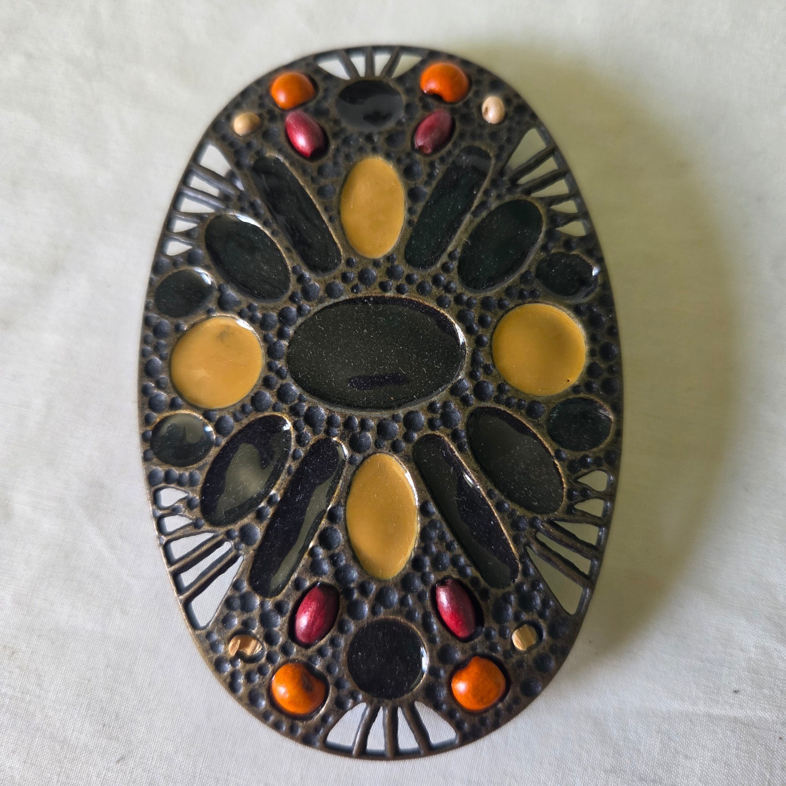 Vintage Boho Enamel Mosaic Oval Belt Buckle Bronze Tone Filigree Western