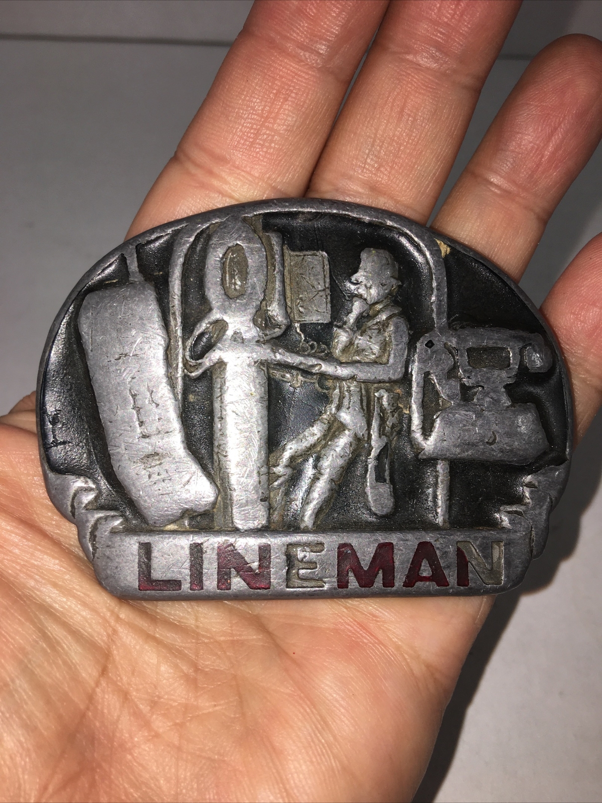Vtg 80s Great American Belt Buckle Telephone Lineman Pewter 1983 C&J Inc