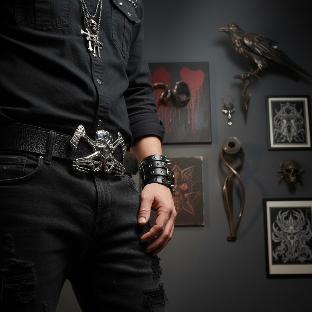 Men Western Belt Buckle Silver Metal Bling Skeleton Skull Big UFO Goth Emo