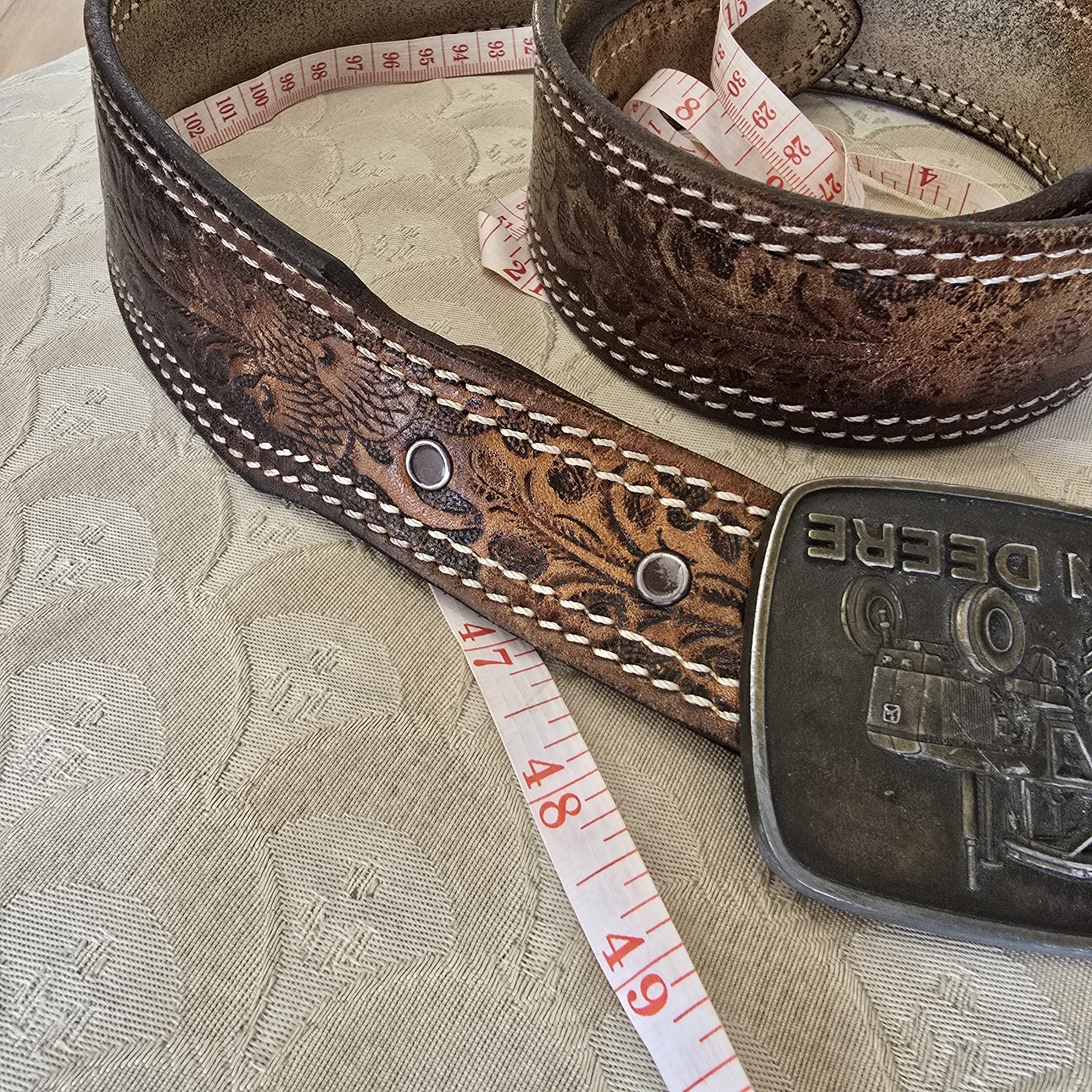 Vintage John Deere Tractor Bronze Metal Belt Buckle & Leather Embellished Belt