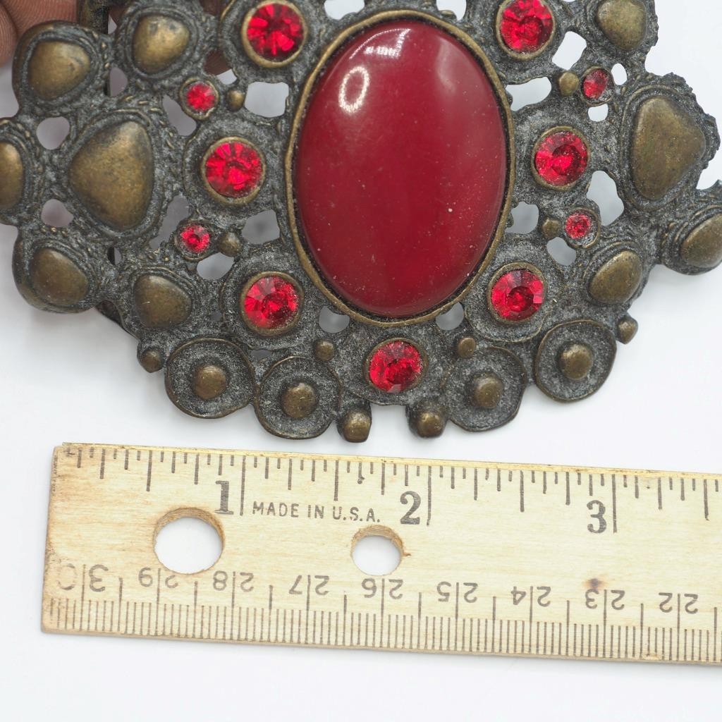 Brass Color Red Rhinestone Belt Buckle