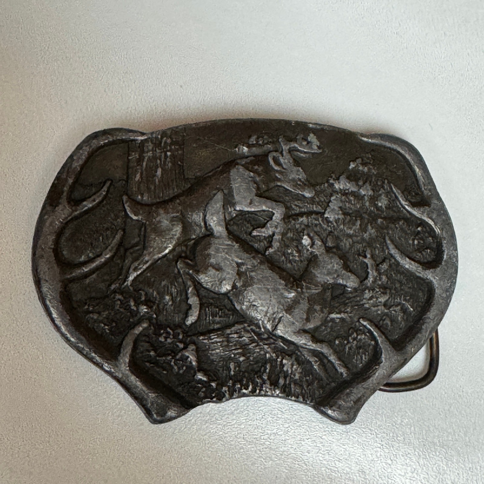 Vintage Pewter Deer Buckle Hunting Scene Belt Buckle Metal Western Cowboy