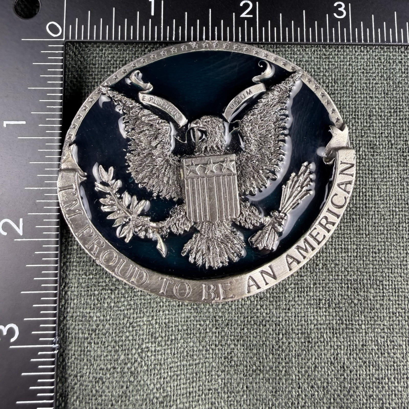 Vtg 1981 Bergamot Brass Works Belt Buckle Proud To Be An American Eagle H-132