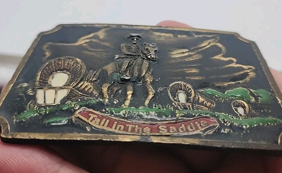 Vintage Solid Brass W/Enamel Cowboy Tall in the Saddle Belt Buckle Signed