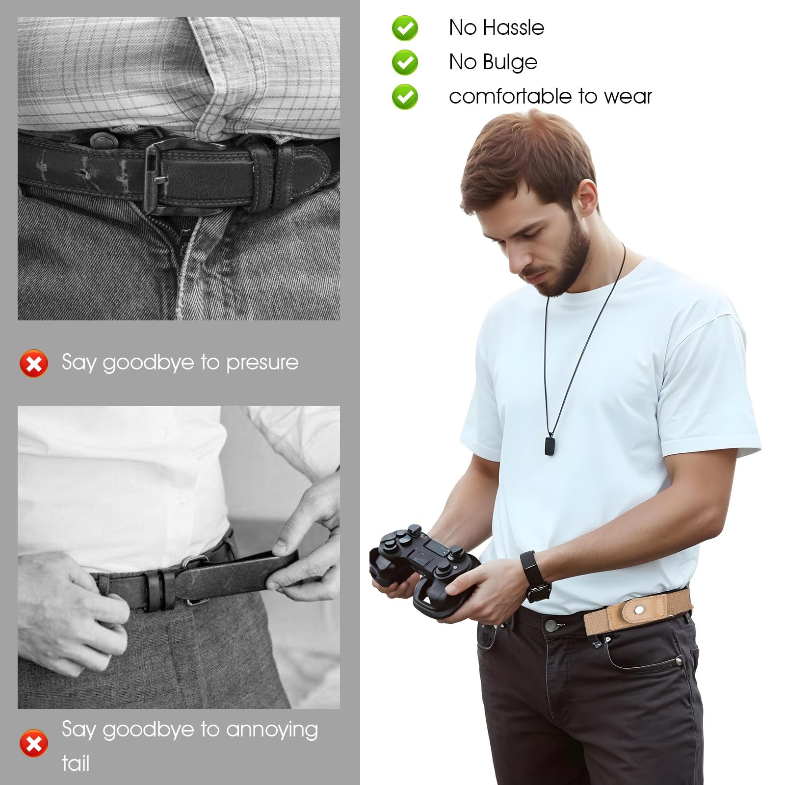 Ptwola 2 Pcs Men Side Belts No Buckle Elastic Belt Without One Size, Beige