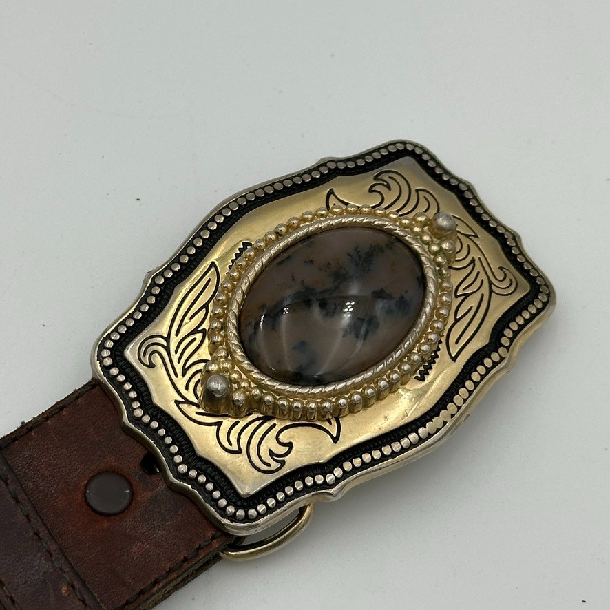 Vintage Gold Tone Western Belt Buckle Natural Polished Stone Center – A-22