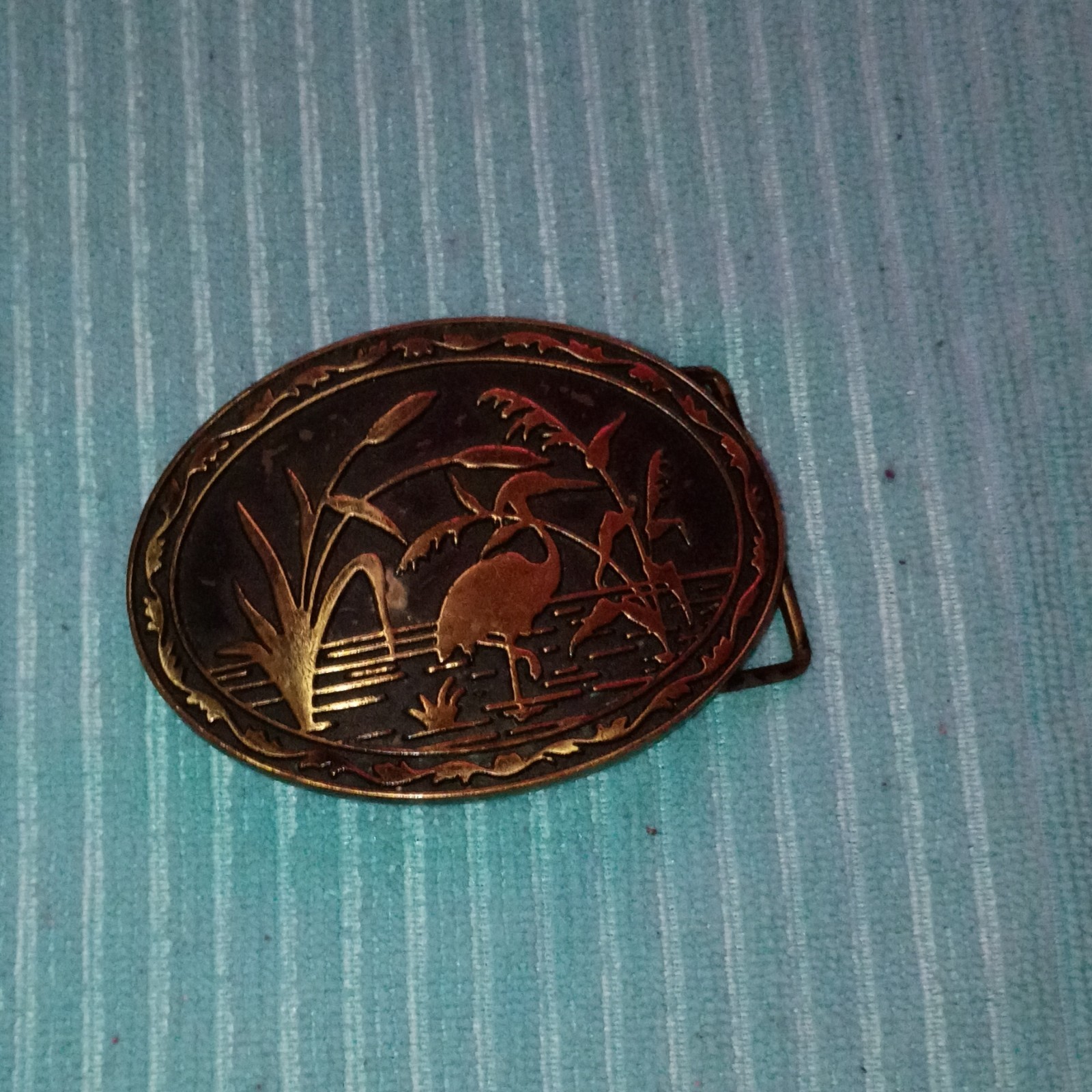 Men&rsquo;s Oval Metal Western Belt Buckle Engraved Bird Reeds Bronze 1.5&Prime;