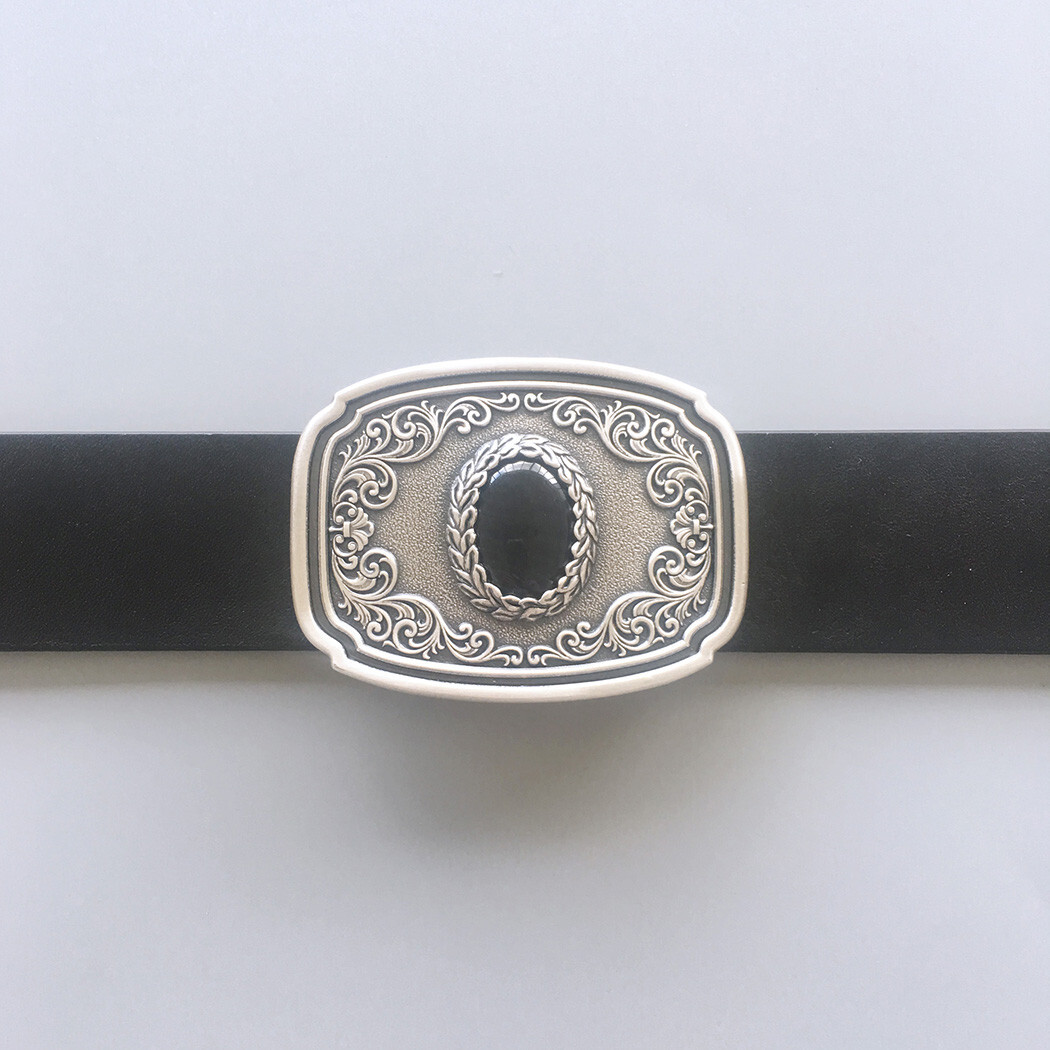 Vintage Silver Plated Nature Black Obsidian Stone Belt Buckle Boucle de Ceinture