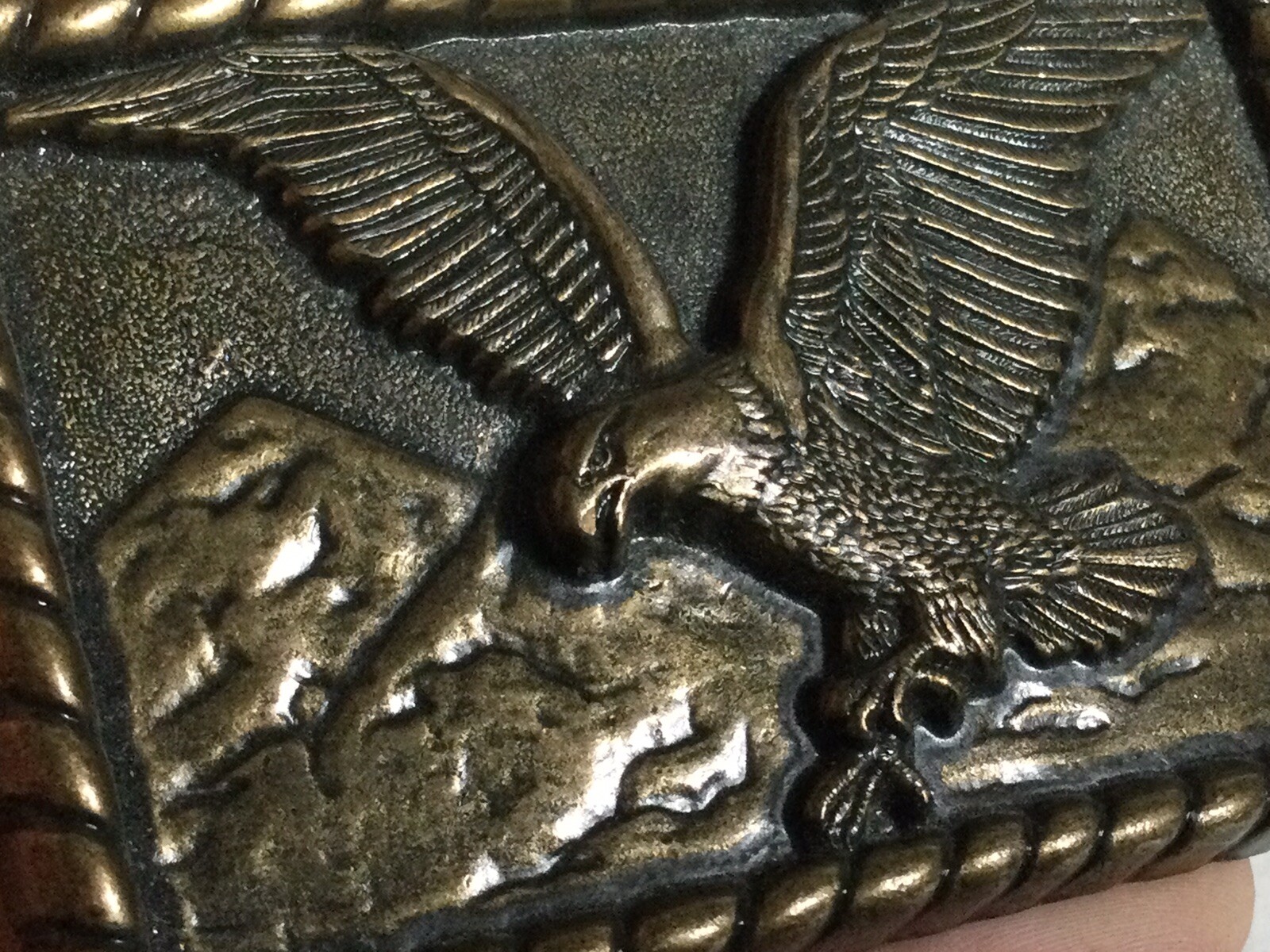 Patriotic Vintage American Bald Eagle Soaring Over Mountains Brass Belt Buckle