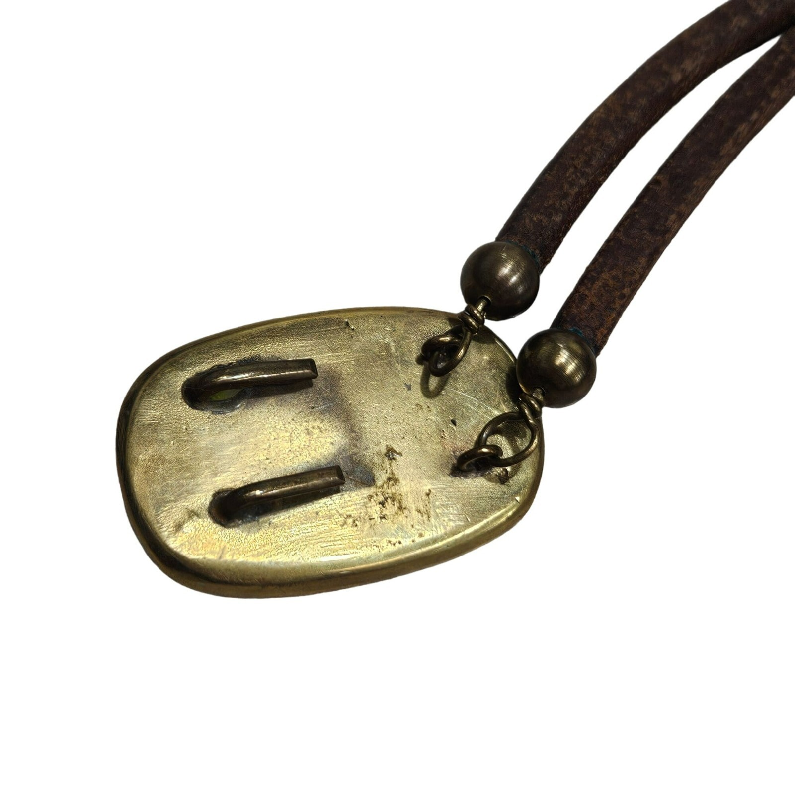 Brass Inlay Buckle Double-Layer Leather Belt Stone Accents Possibly Homemade