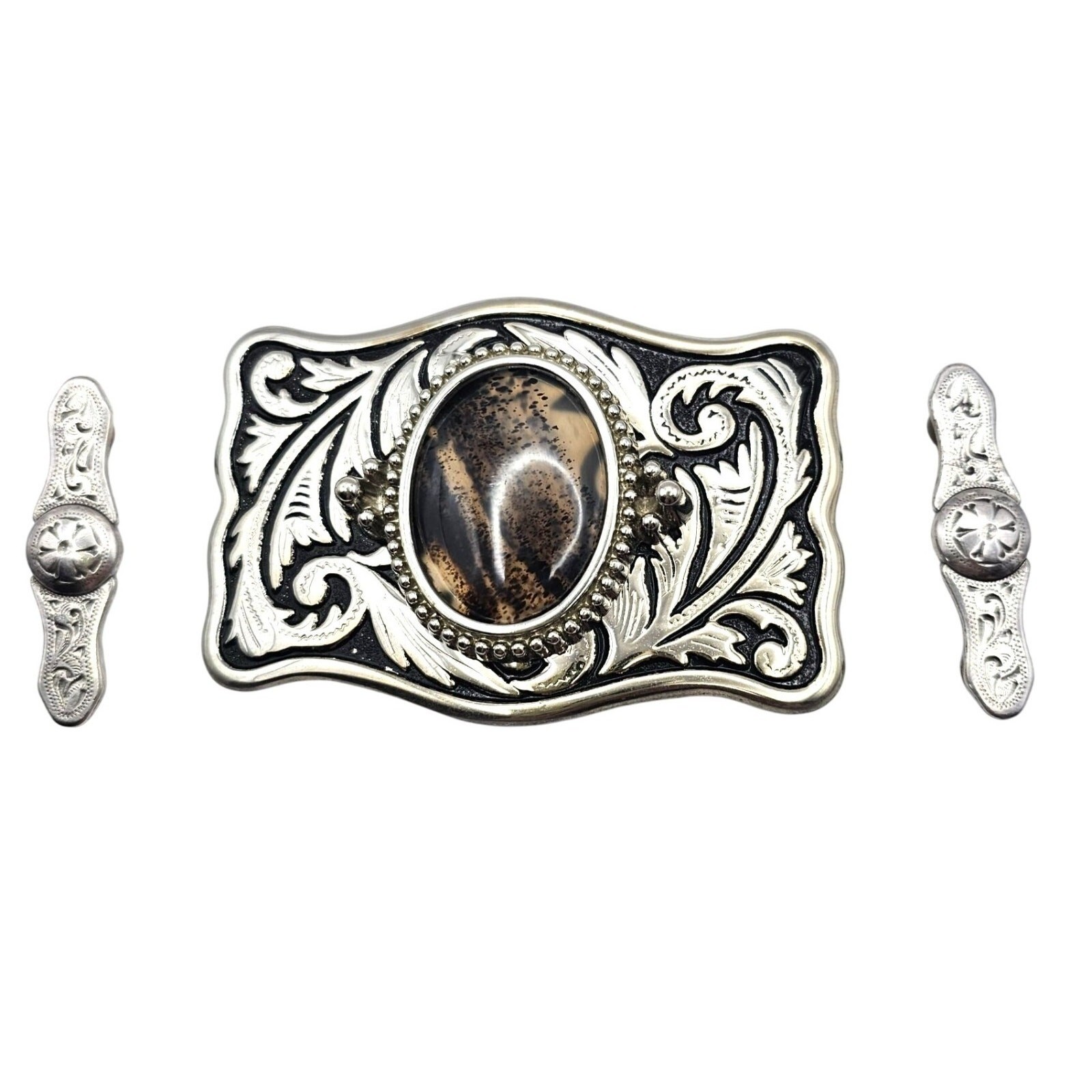 Western Belt Buckle Dendritic Agate Cabochon Silver Engraved Accents Side Pieces