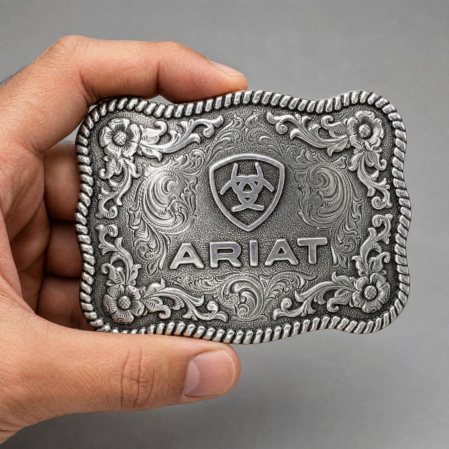 ARIAT Scalloped Logo Buckle with Twisted Rope Edge, Floral Scrolls, Filigree Det