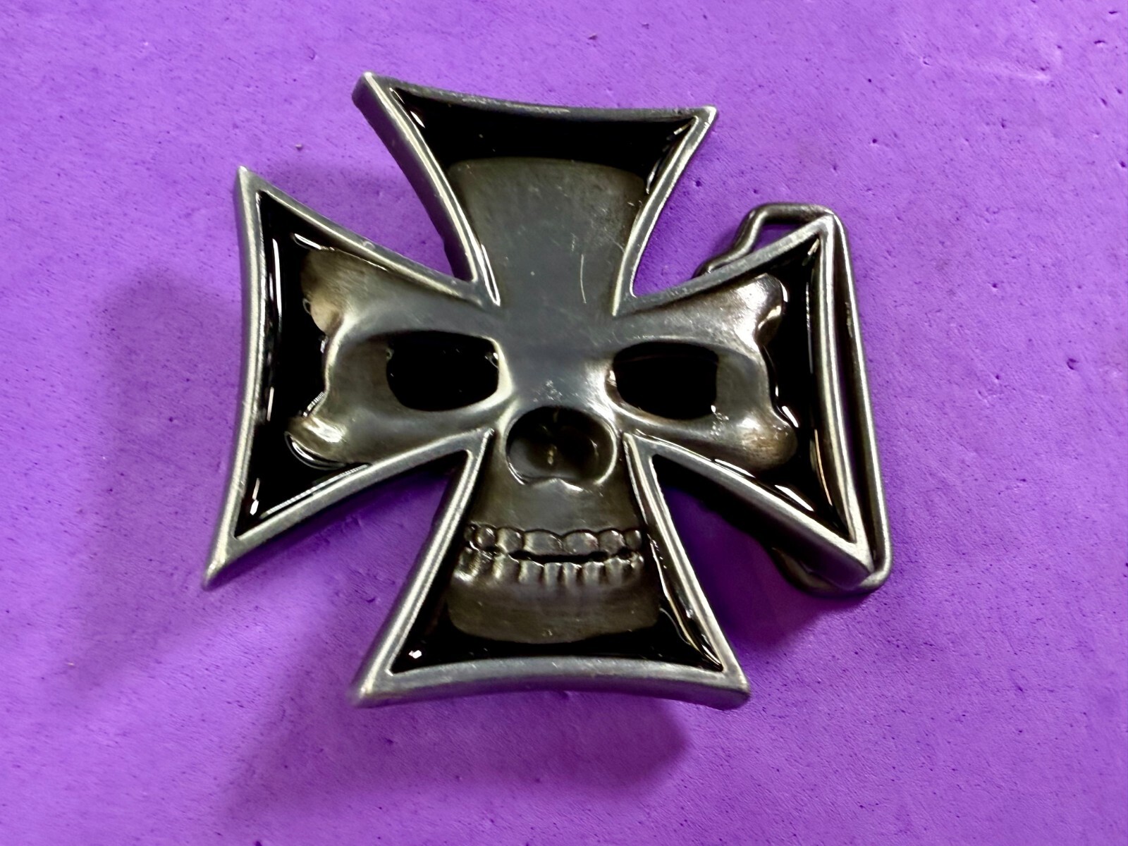 Maltese Iron Cross with Skull Reflective Cutout Gothic Punk Vibe Belt Buckle
