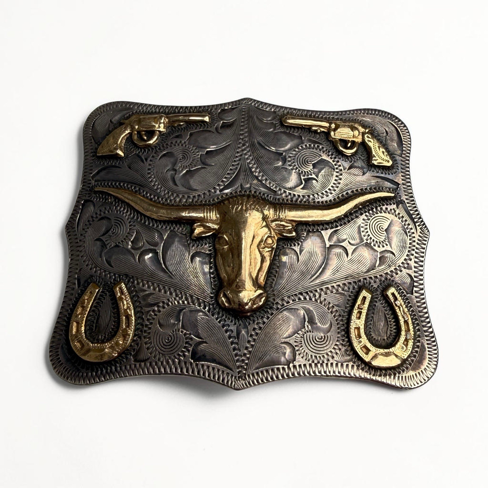 14K Gold Chet Vogt Maker Mexico Sterling Silver Longhorn Steer Belt Buckle