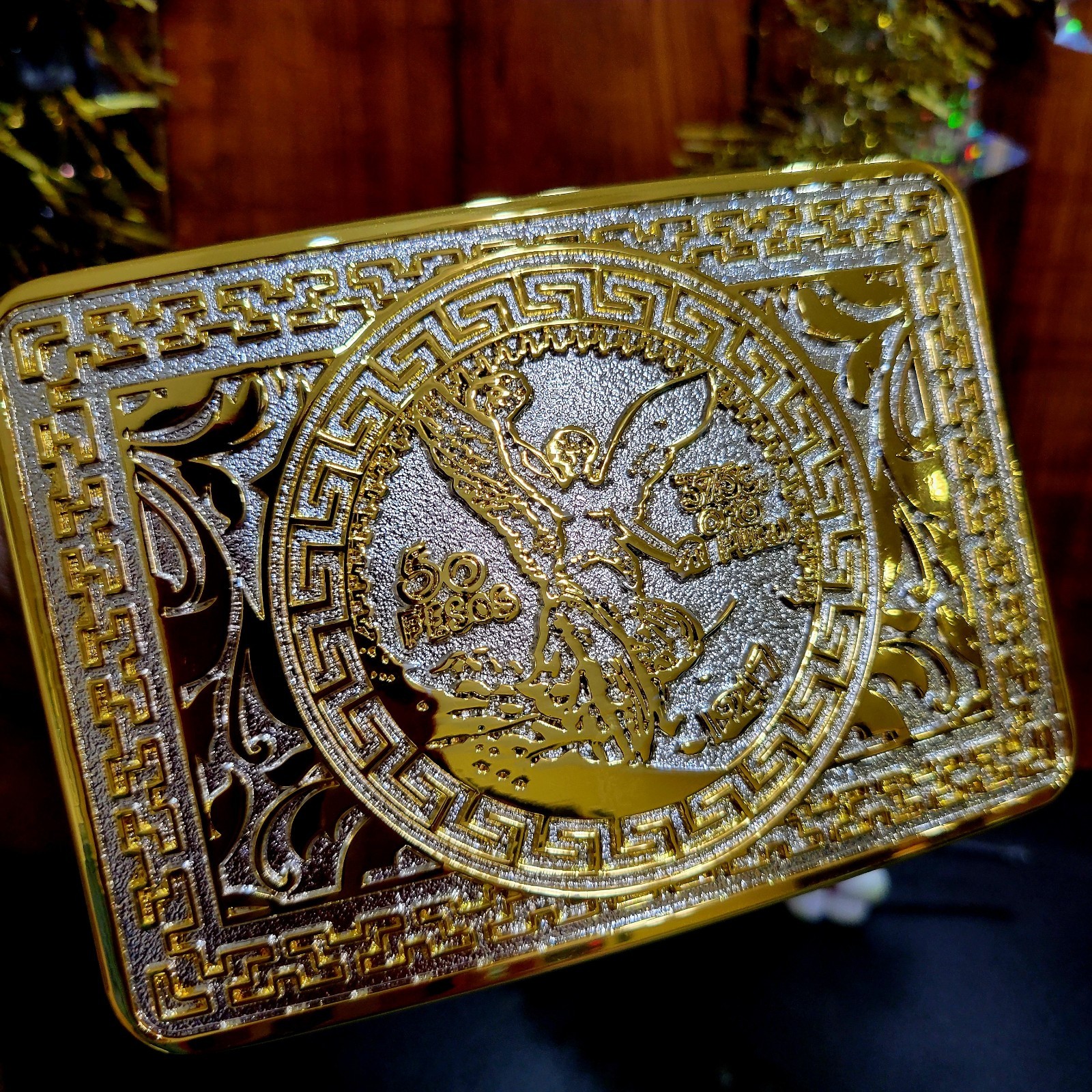 Centenario Cowboy Belt Buckle Western Hebilla Rodeo Silver & Gold Faux 50 Peso