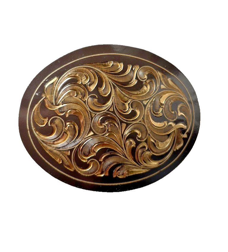 Western Belt Buckle 4.25 x 3.25 in Handcrafted Oval Engraved Brown Gold 2.25