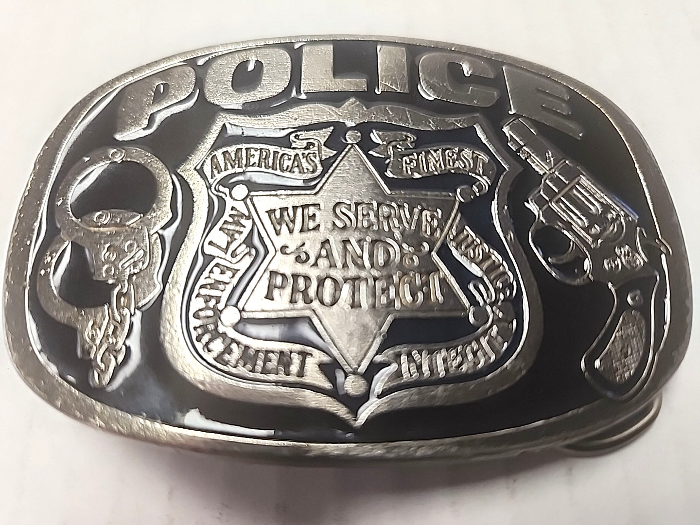 Metal Police Belt Buckle by Buckle Bakery 1988 #1654 Made in USA Serve & Protect