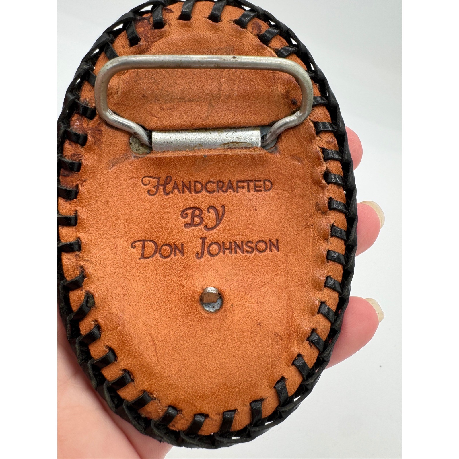 Don Johnson Handcrafted Snakeskin Leather Whipstitch Oval Belt Buckle Brown Tan