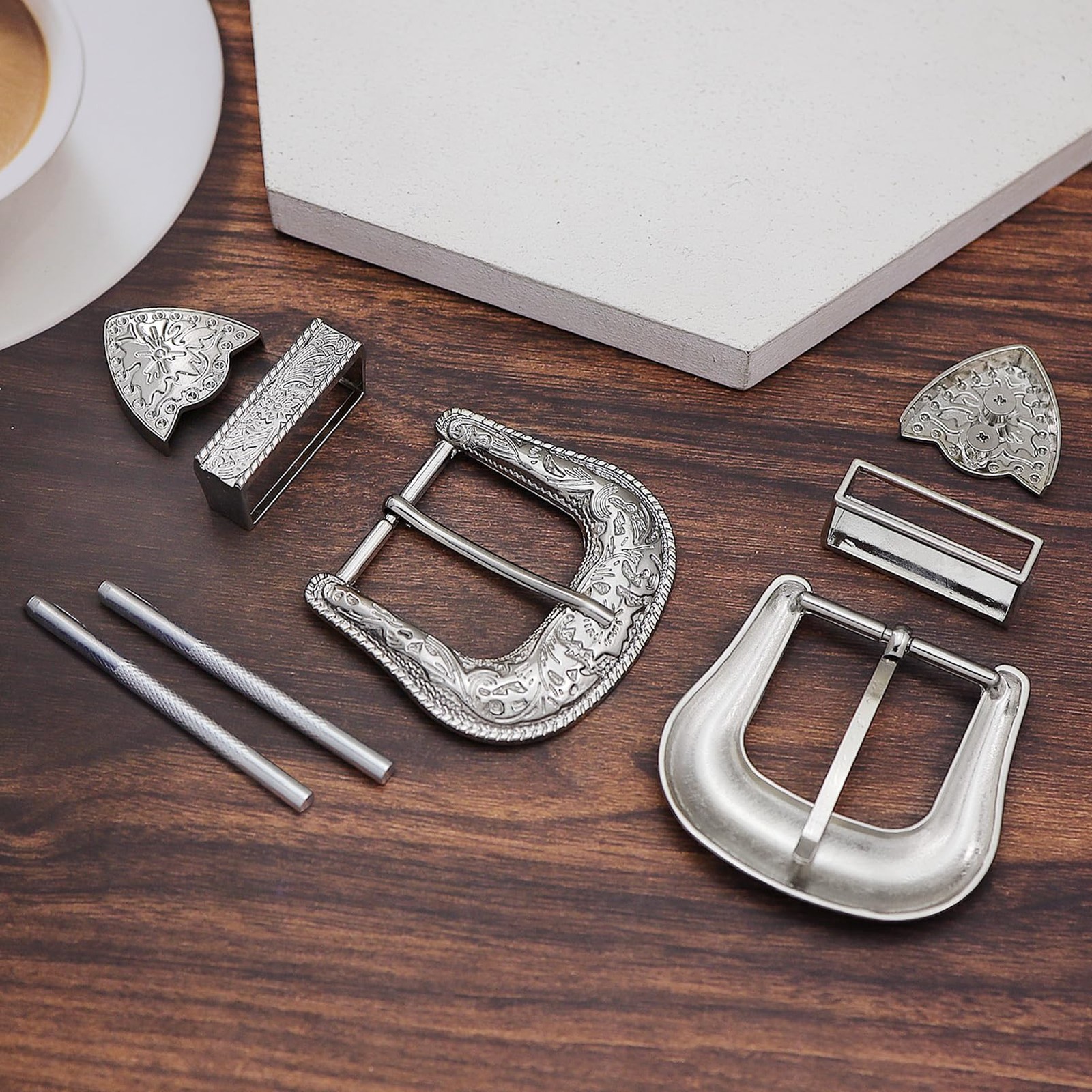 QuneusHot 6 Pieces Cowboy Replacement Belt Buckle Set Large, Shiny Silver