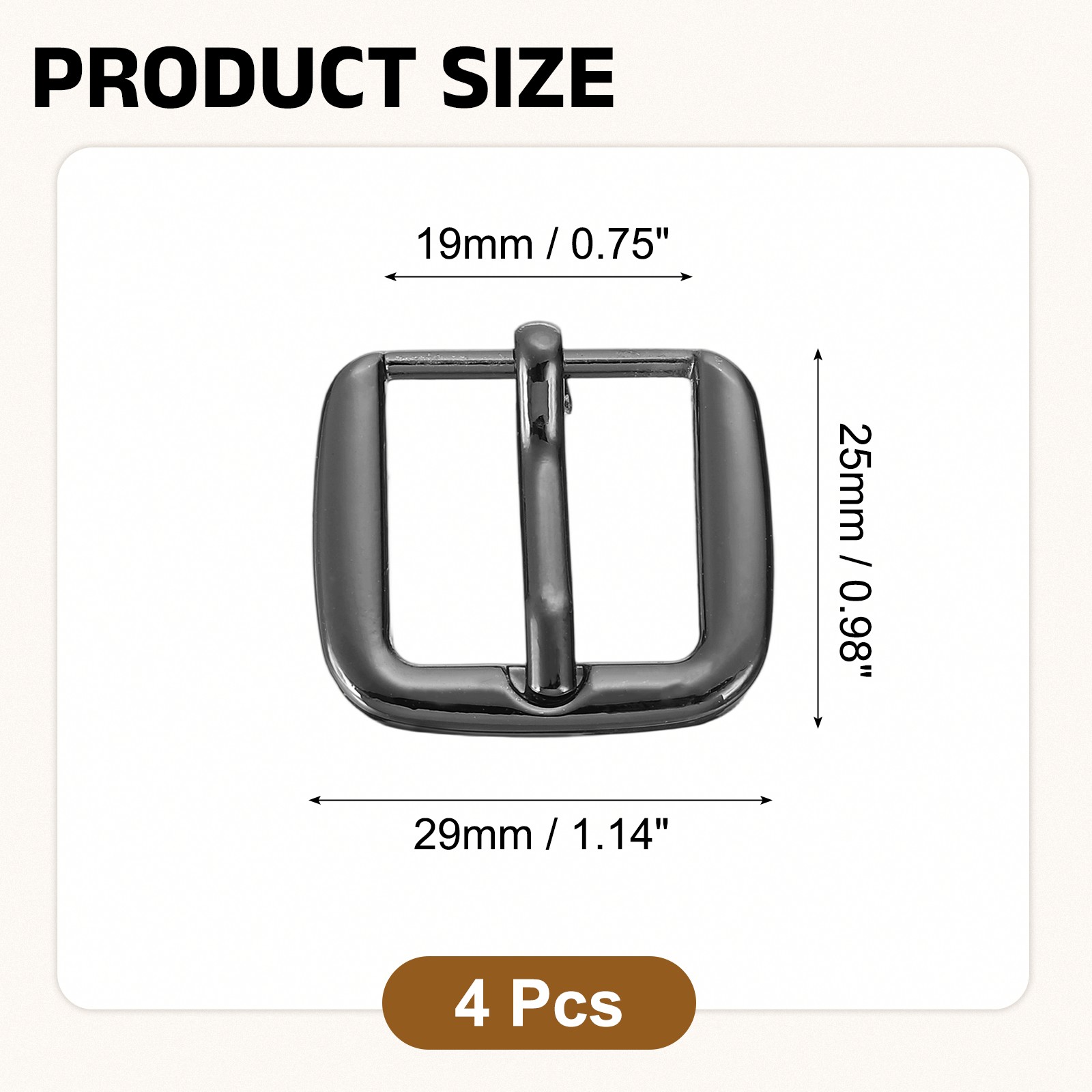 Metal Roller Buckle, 4Pcs 0.75&Prime; Square Single Prong Belt Buckle, Metallic Black