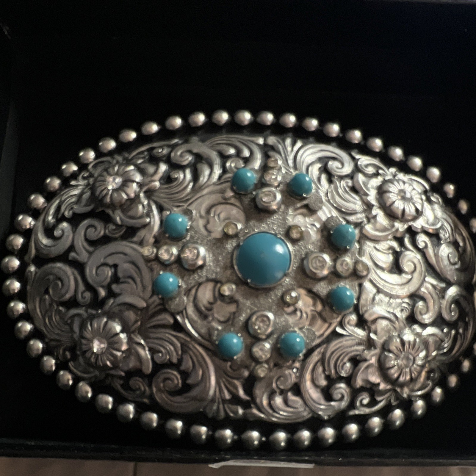 Stages West Oval Silver-Tone Western Floral Turquoise Buckle AW9811004M