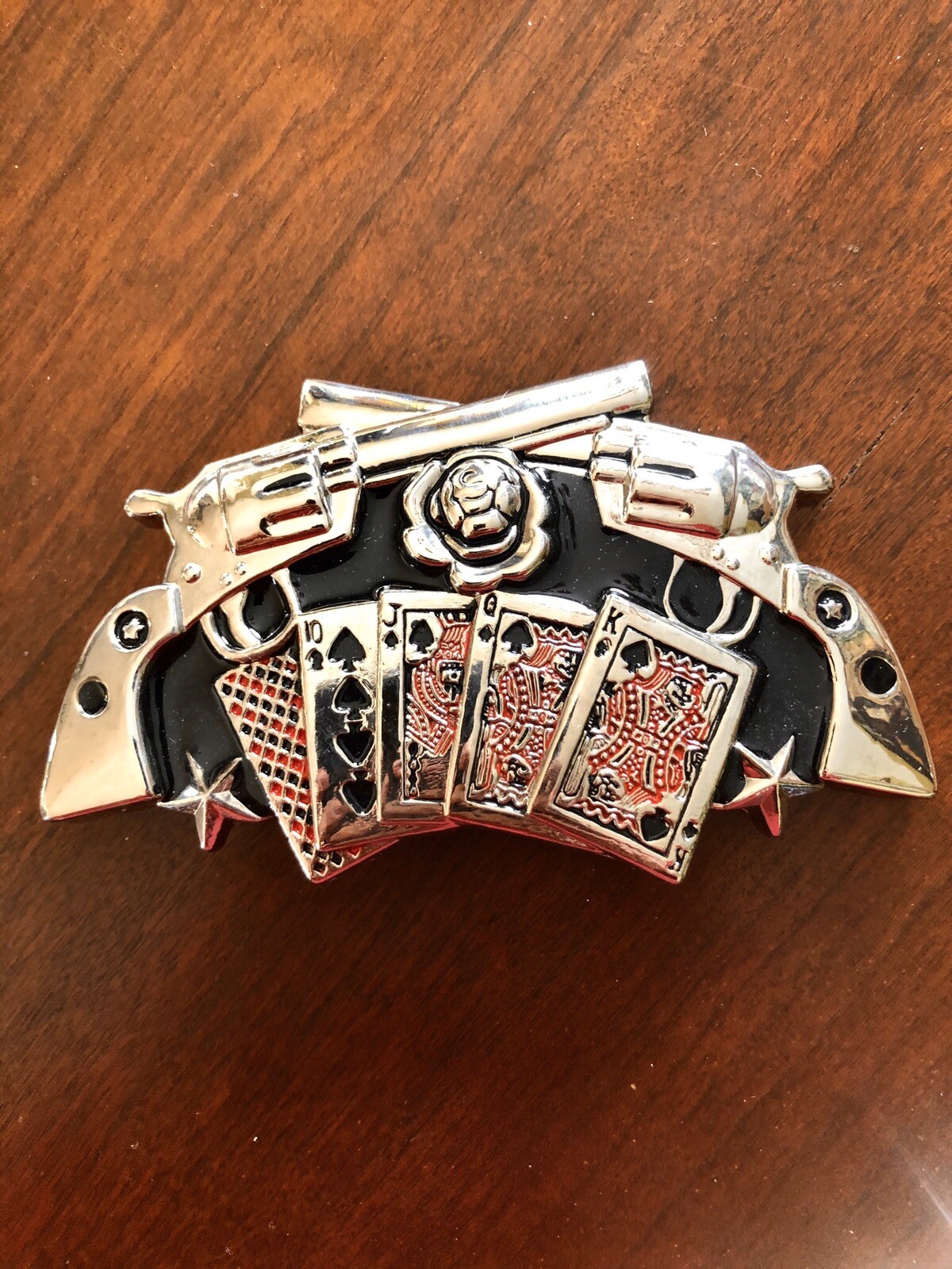 Casino Gambling Cards Gun Pistol Weapon Rose Star Metal Unisex Men’s Belt Buckle