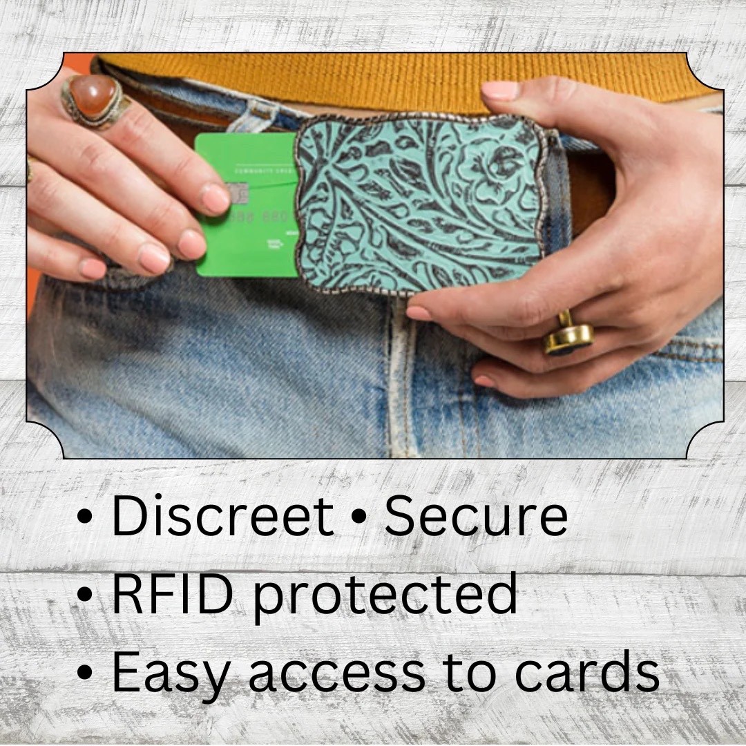 BUCKLE WALLET. TAN OSTRICH HIDE. TITANIUM ROPE EDGING.HOLDS ID, CREDIT CARDS, $.