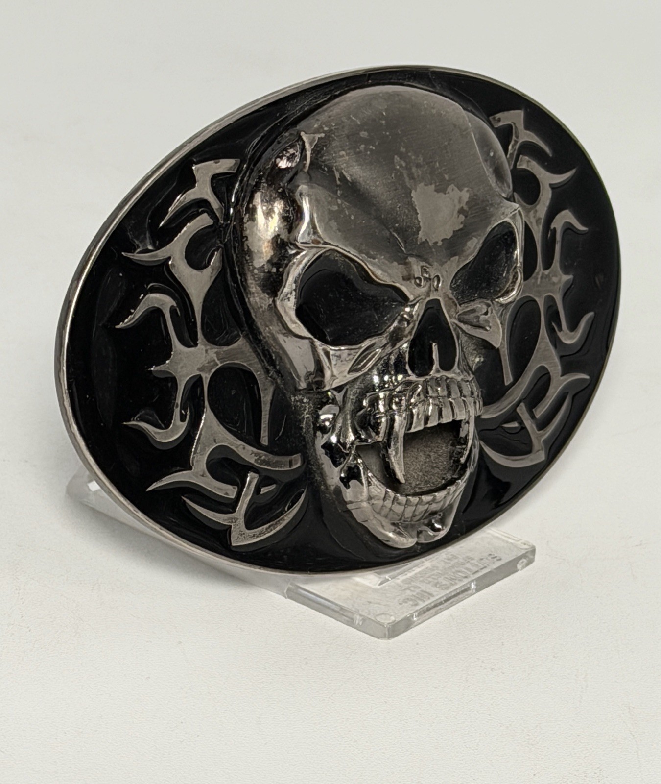 Oval Skull Fangs Pirate Belt Buckle Design Gothic Punk Metal Black Silver Tone