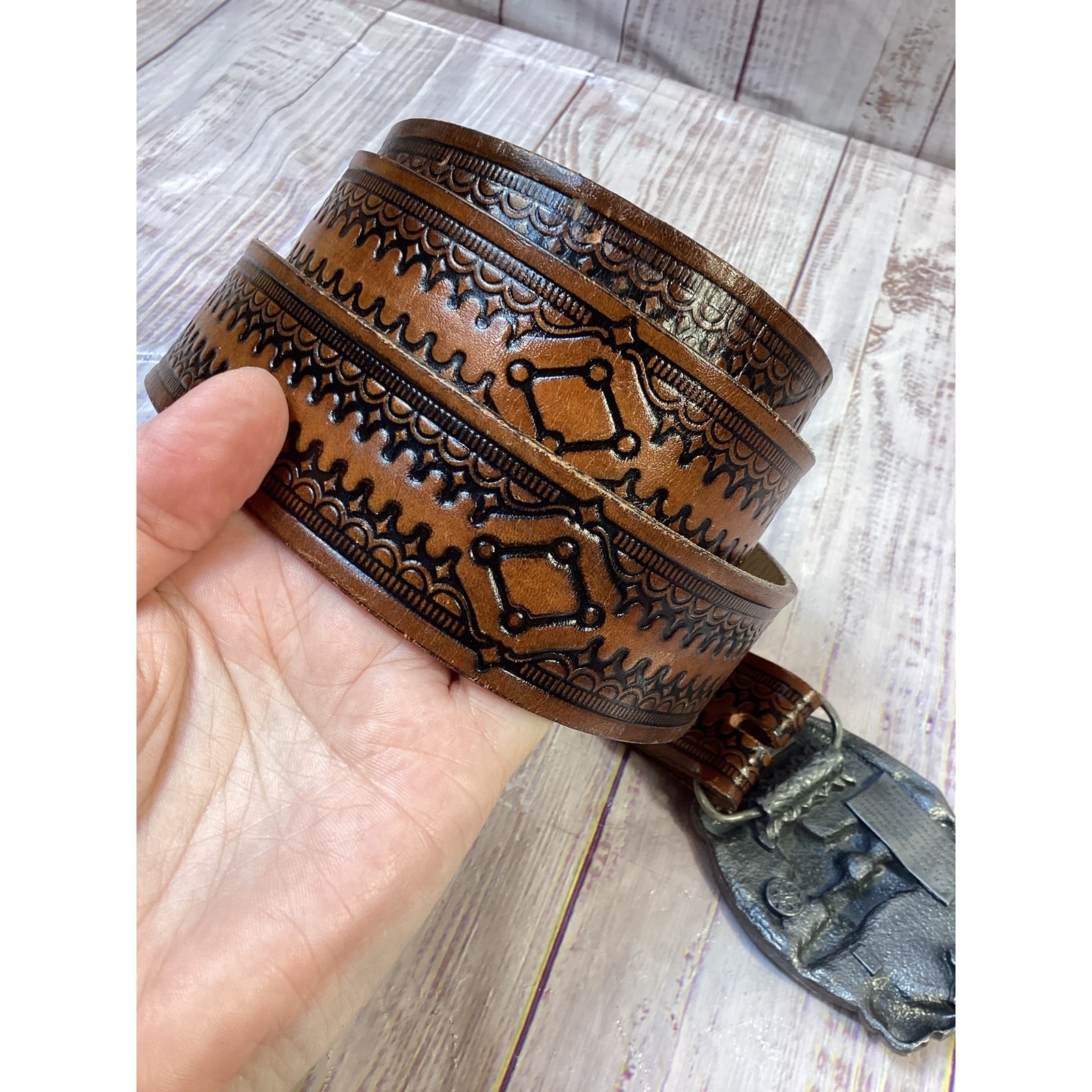 Vintage 1983 Siskiyou Square Dancing Belt Buckle with Tooled Leather Belt Brown