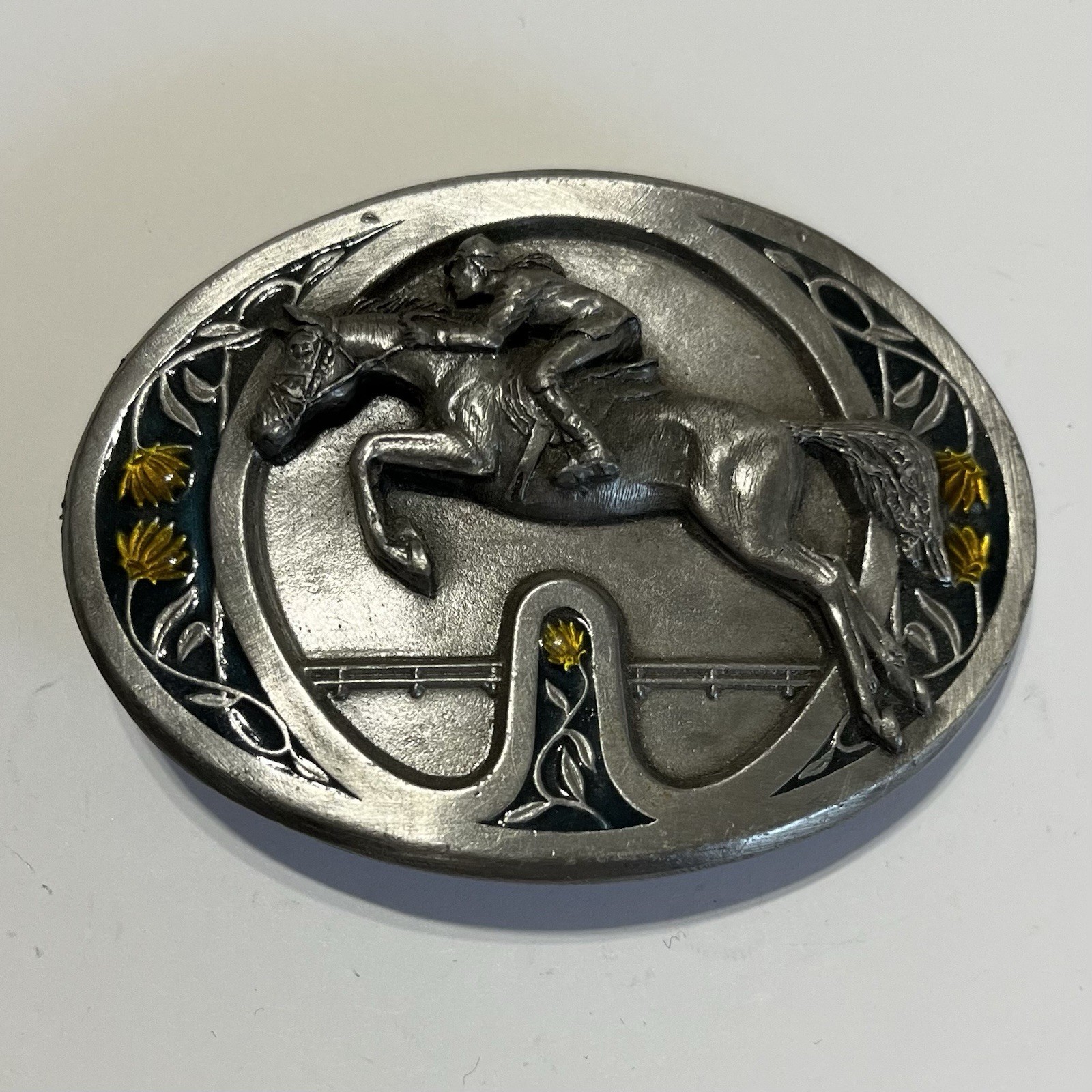 ~ Vintage 1985 Bergamot Brass Works Rider On Jumping Horse Belt Buckle p-42
