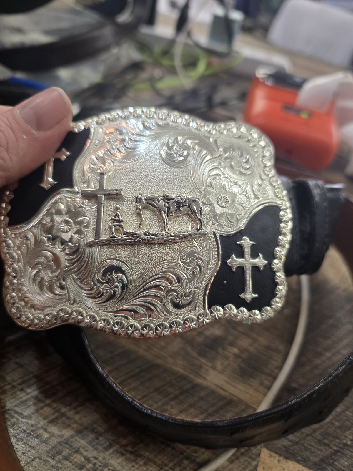 Montana Silversmiths Buckle Horse & Cross With Ostrich Black Jack Belt Sz 34