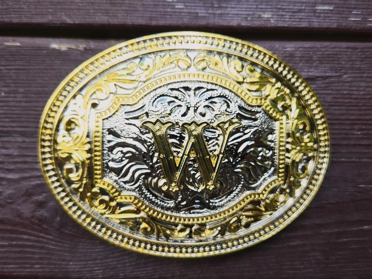 INITIAL  » W  » RODEO COWBOY LETTER SHINE GOLD SILVER OVAL WESTERN BELT BUCKLE