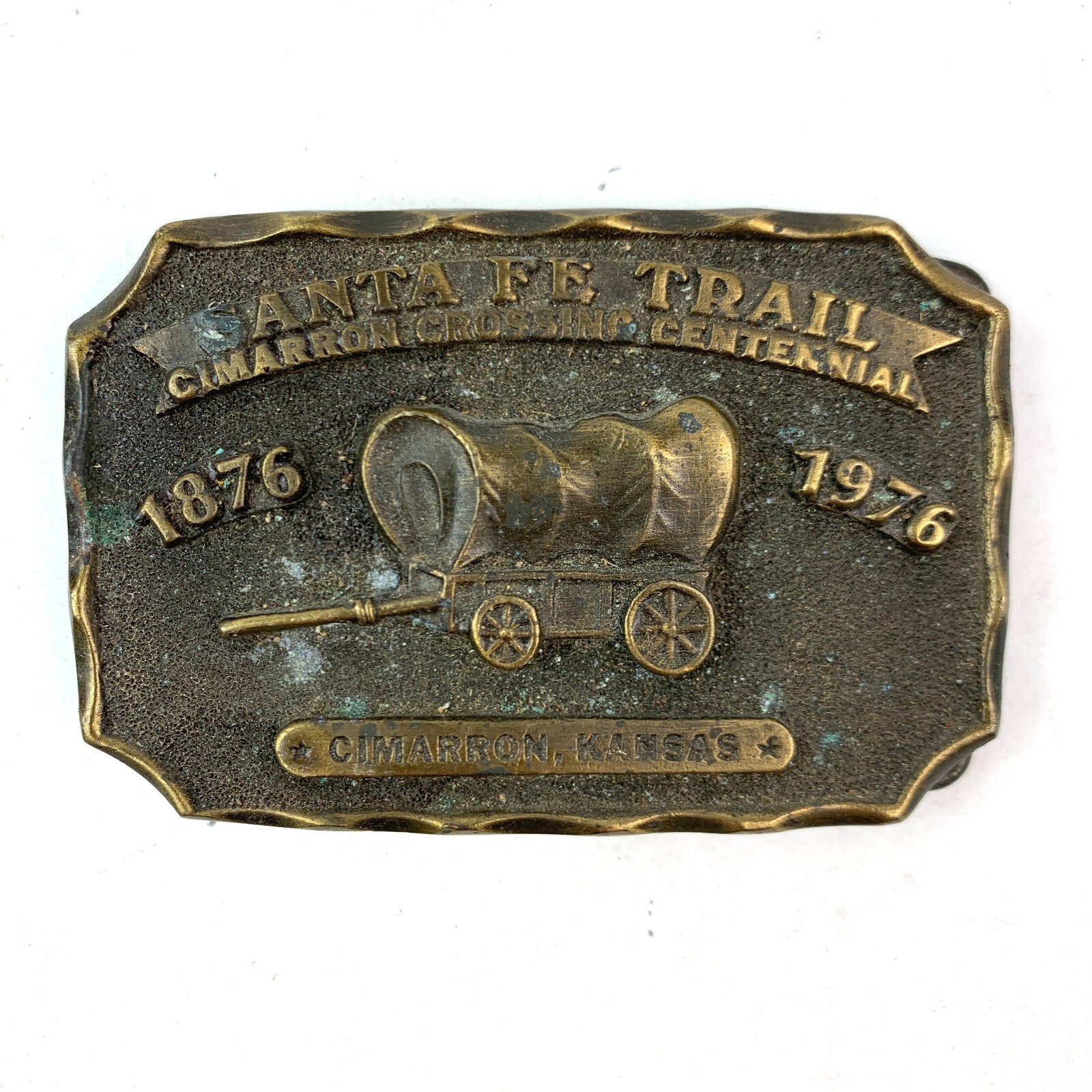 Vintage 1976 Santa Fe Trail Cimarron Kansas Centennial 3D Metal Belt Buckle