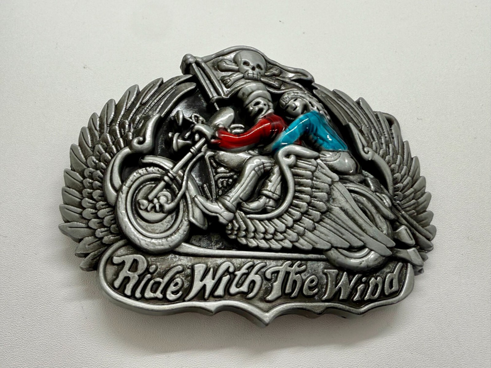 Ride With The Wind Wings Skull Flag Motorcycle Bikers Riders Cutout Belt Buckle