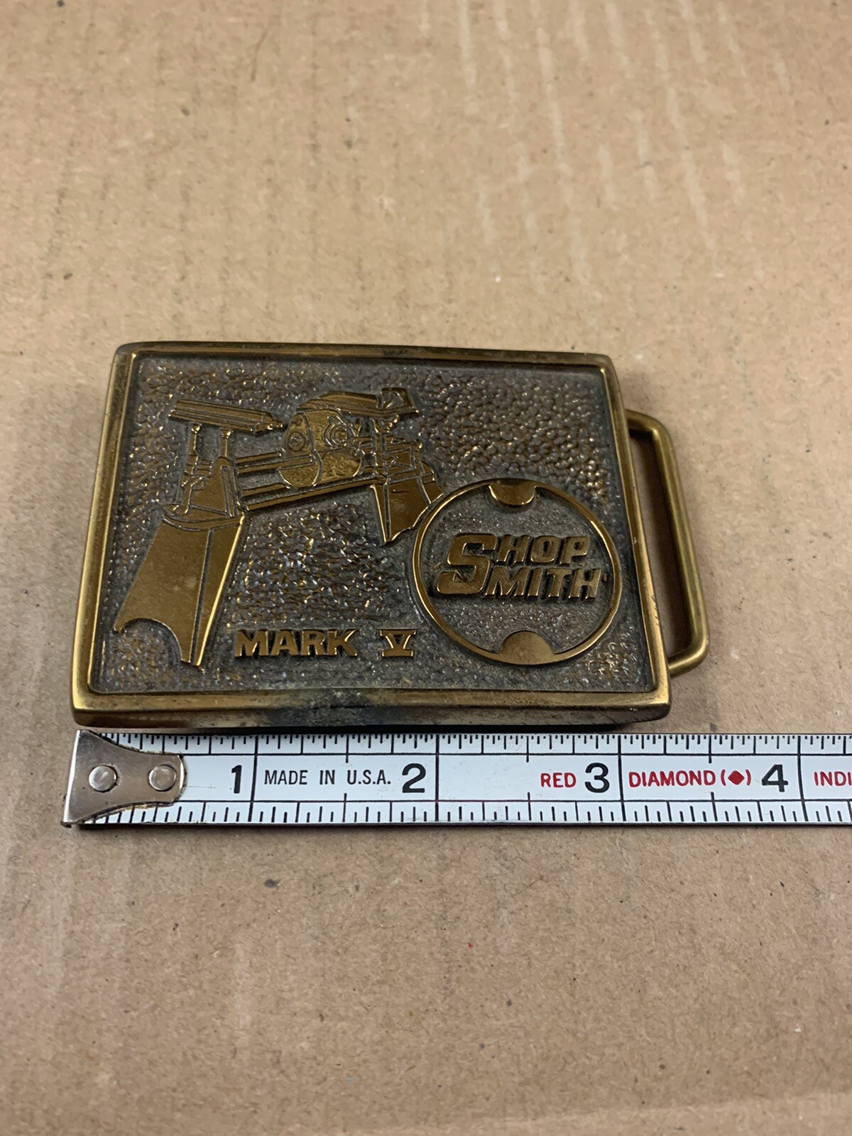 Vintage Brass Shop Smith Mark 5 USA Teacher Tool Belt Buckle HTF Dad Gold Tone