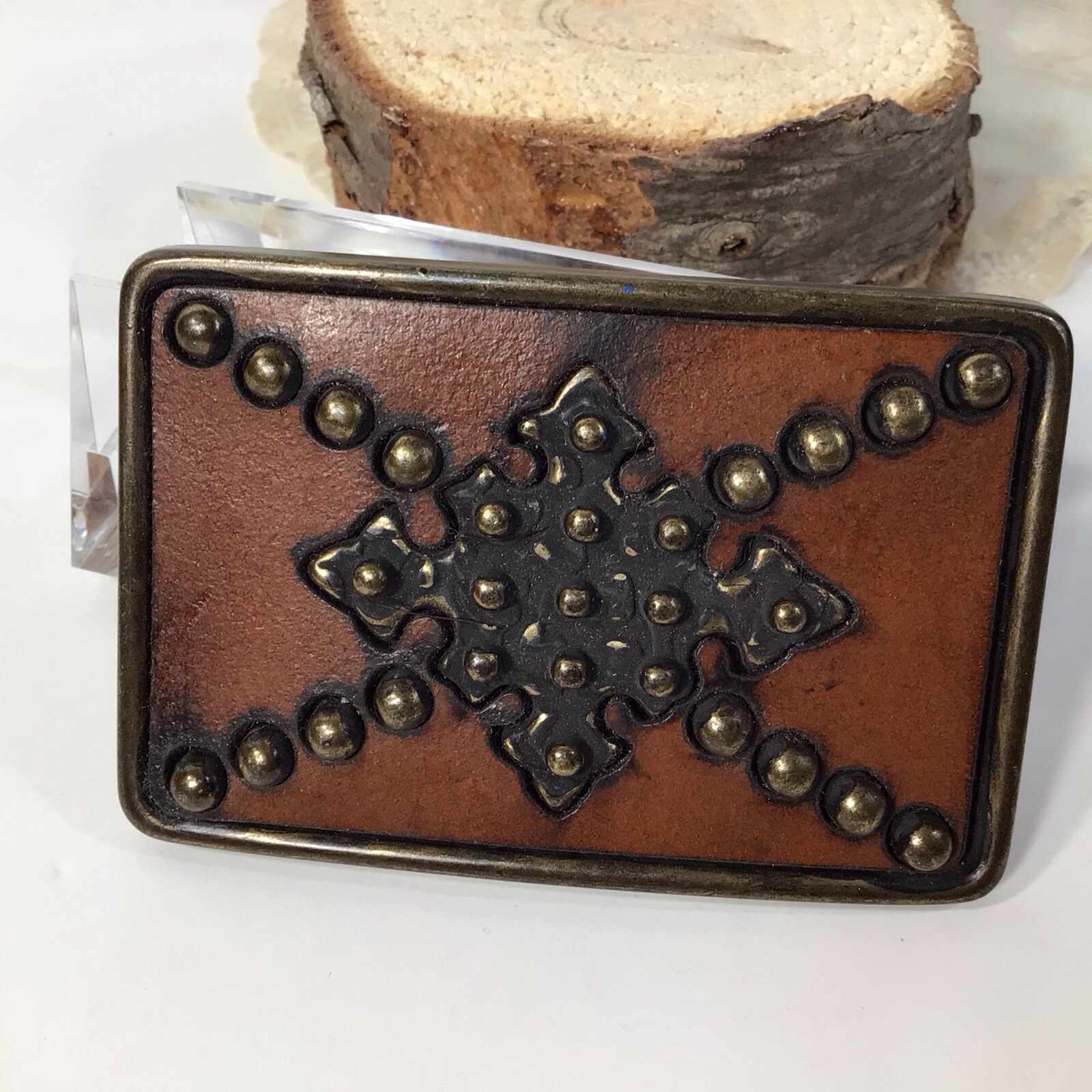 Brass Leather & Studs Belt Buckle~Brown/ Gold Handcrafted ~UNIQUE ~FREE SHIPPING