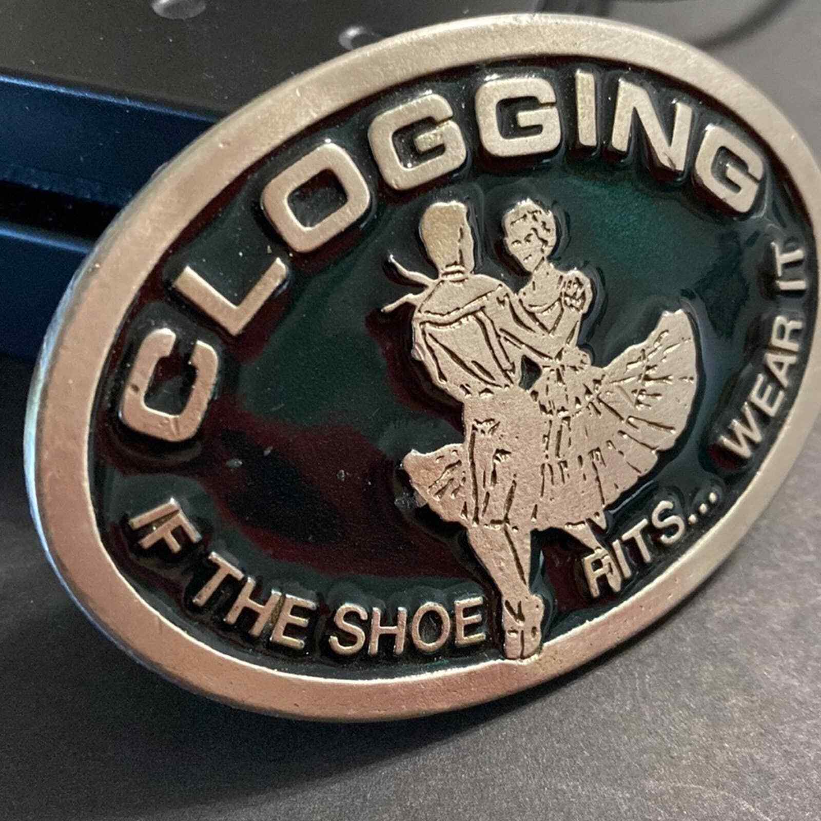 Vintage VTG Clogging Square Dancing Pewter Green Enamel Belt Buckle