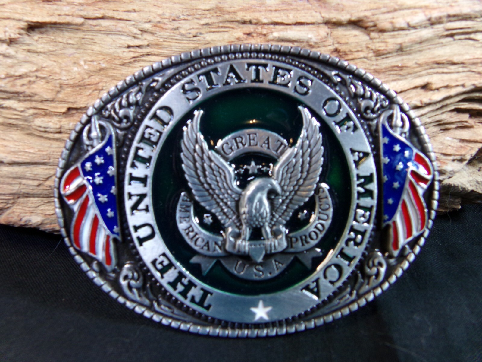 Men&rsquo;s Belt Buckle Patriotic, &lsquo;THE UNITED STATES OF AMERICA&rsquo;, Eagle, 2 U.S. Flags
