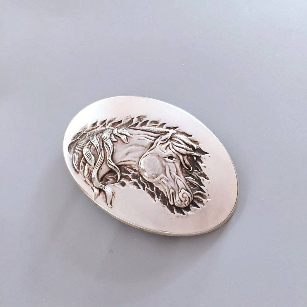 Vintage Silver Plated Oval Horse Western Belt Buckle Boucle de Ceinture
