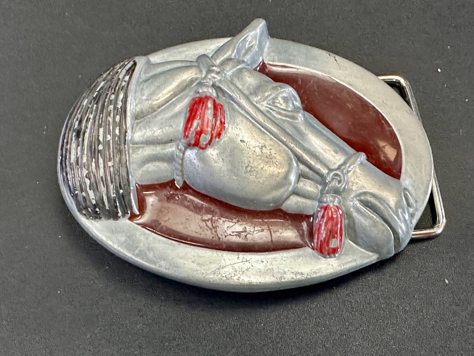 Raised Horse Head Vintage Cowgirls Red Enamel Accents Belt Buckle