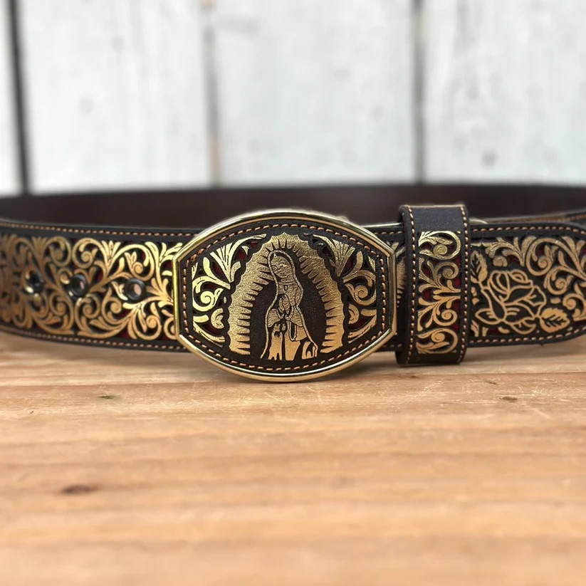 Genuine Laser Cut Leather Virgen Western Belt with Removable Buckle – Gold