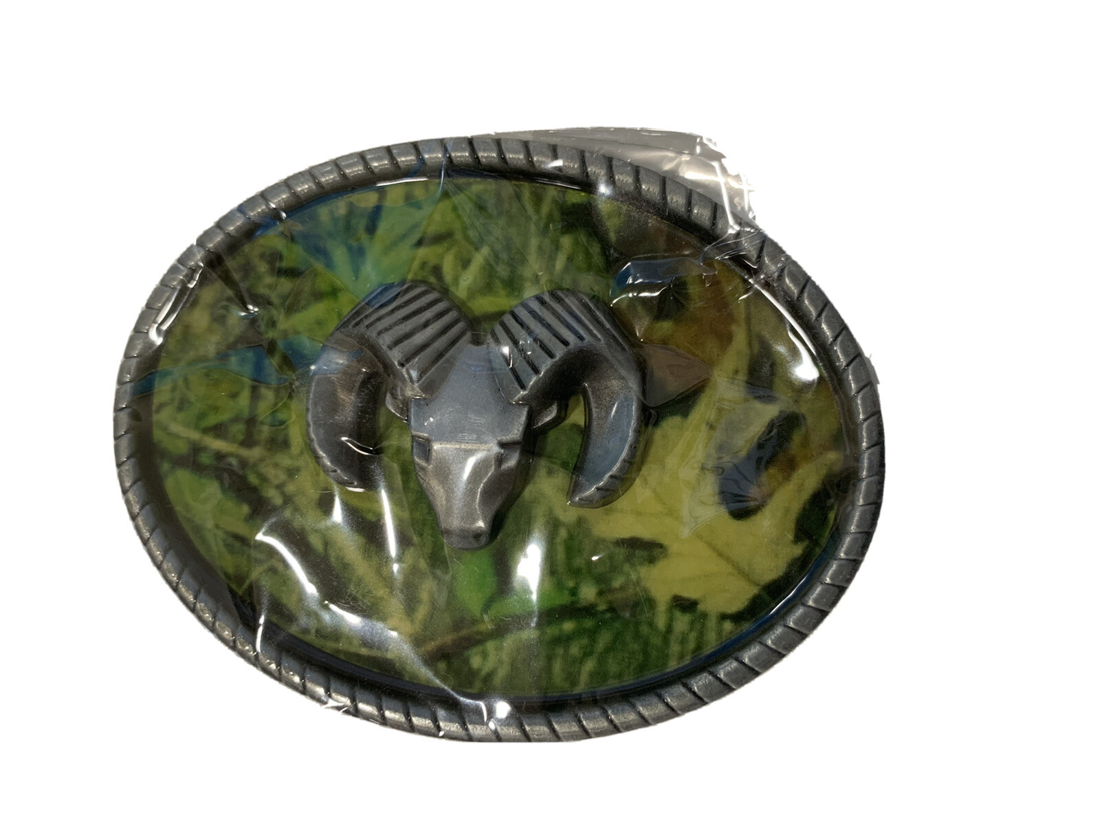 Ram&rsquo;s Head Metal Belt Buckle Camo Green Background 3-7/8&Prime; x 3&Prime; NEW