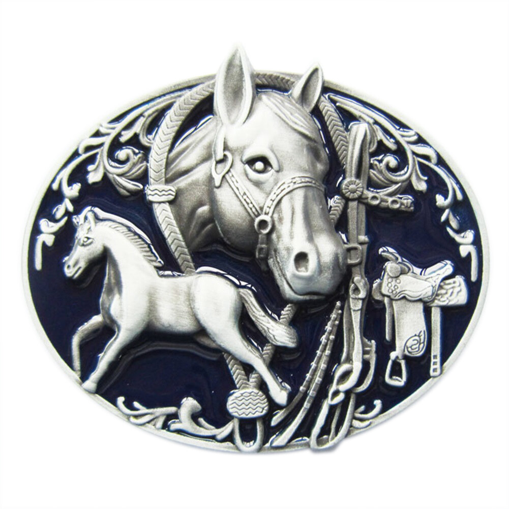 Antique Silver Enamel Horses Rodeo Western Belt Buckle also Stock in the US