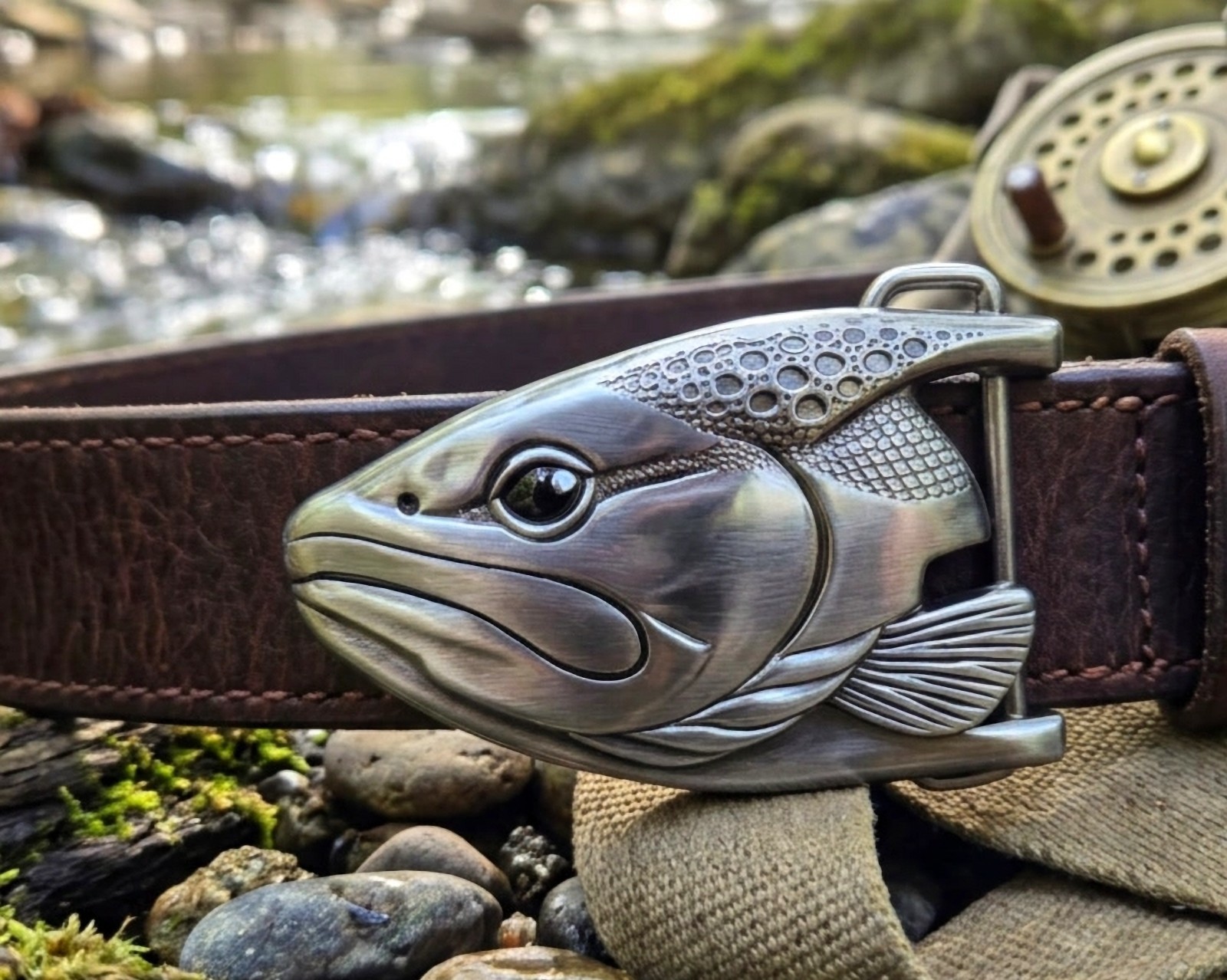 Graywolf Trout‑Head Belt Buckle • Antique Nickel / Silver • 3D Metal Fish Buckle