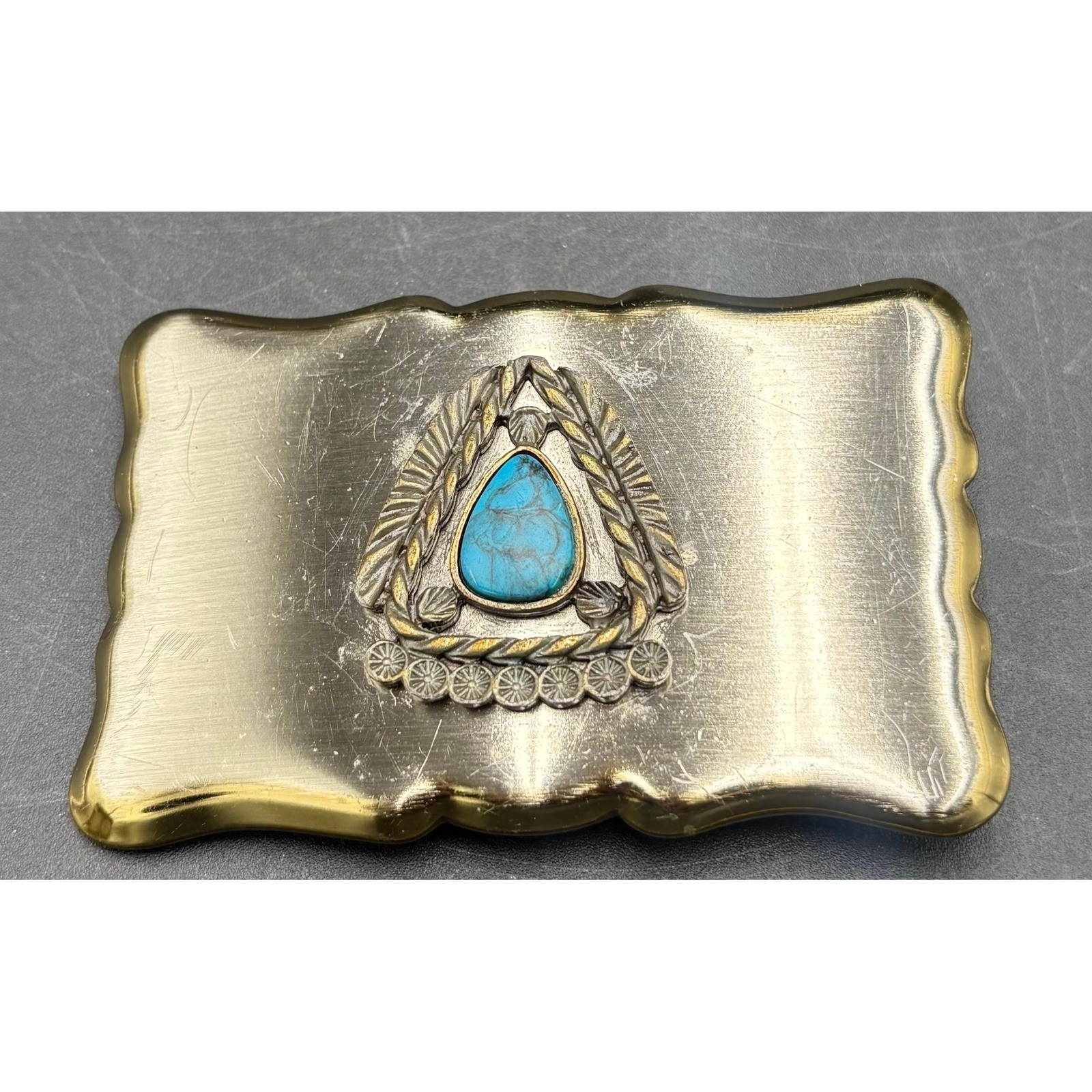Vtg Native American Theme Belt Buckle Faux Turquoise Scalloped Edge Southwestern