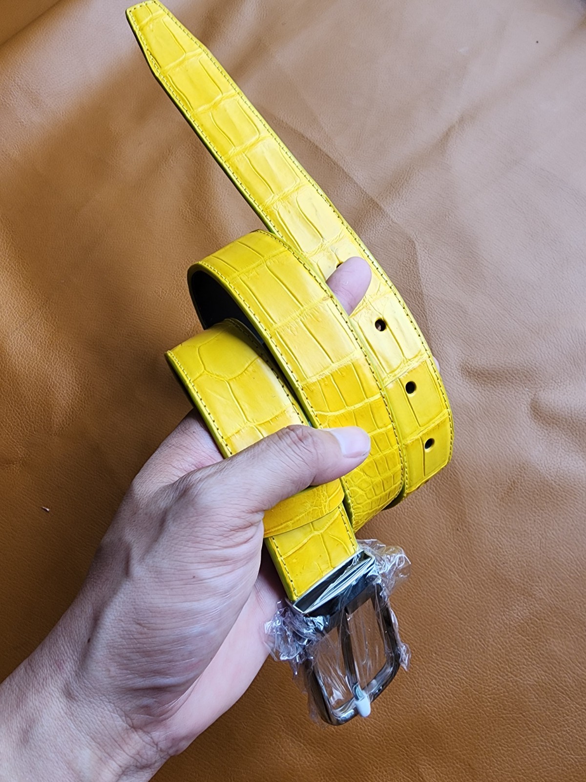 3..8CM Yellow 100% Genuine Leather Skin Men Silver Pin Buckle-Customize