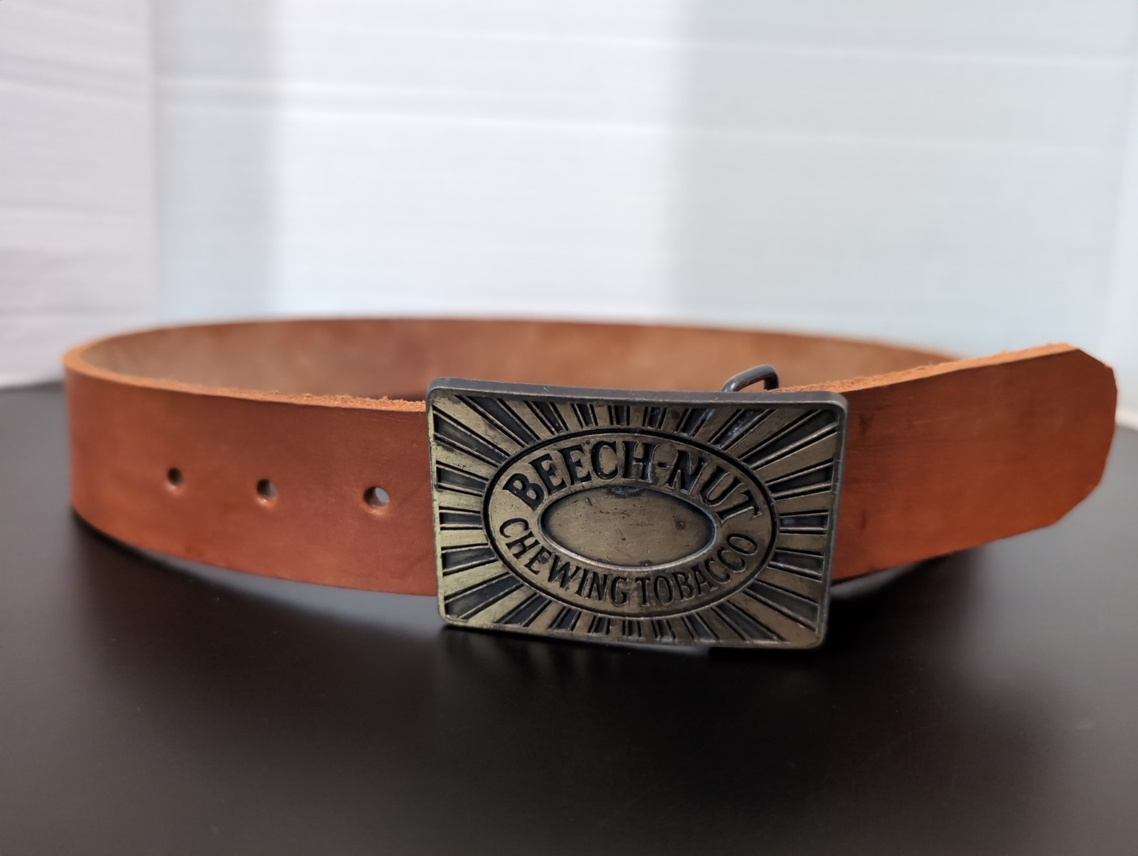 VINTAGE BEECH NUT TOBACCO LOGO BUCKLE LDL MARK W/LEATHER BELT MENS SZ 33 GVC