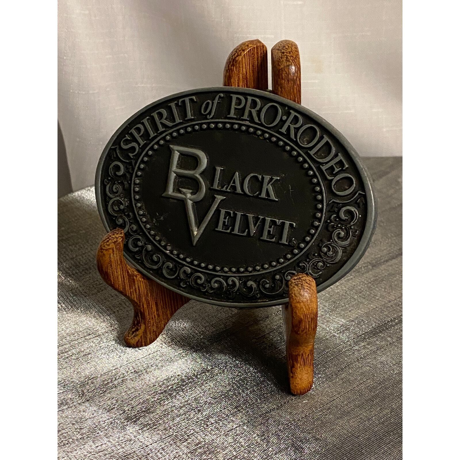 VTG Black Velvet Whisky Oval Belt Buckle Spirit of Pro-Rodeo 4 in X 2.75 in GUC