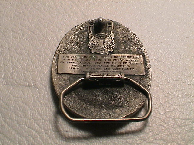 ZEBCO 40 YEAR ANNIVERSARY 1949-1989 3D L.M. BASS FISHING LOOK METAL BELT BUCKLE!