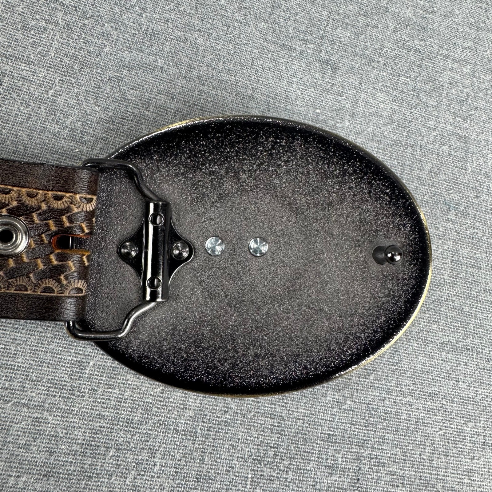 Bison Denim Brown Leather Belt 110cm 43 in Ornate Longhorn Buckle Western